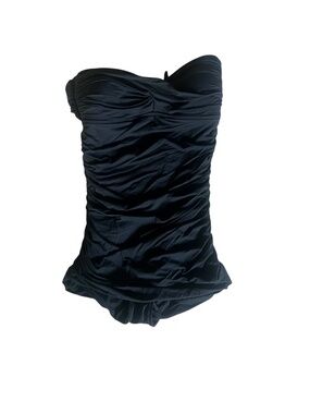 Carmen Marc Valvo Black Strapless Swimsuit, Sz 10, Tie Front Ruched Open Back